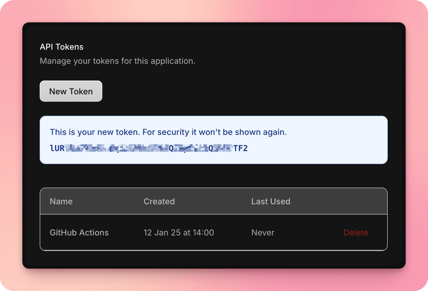 Note the created token